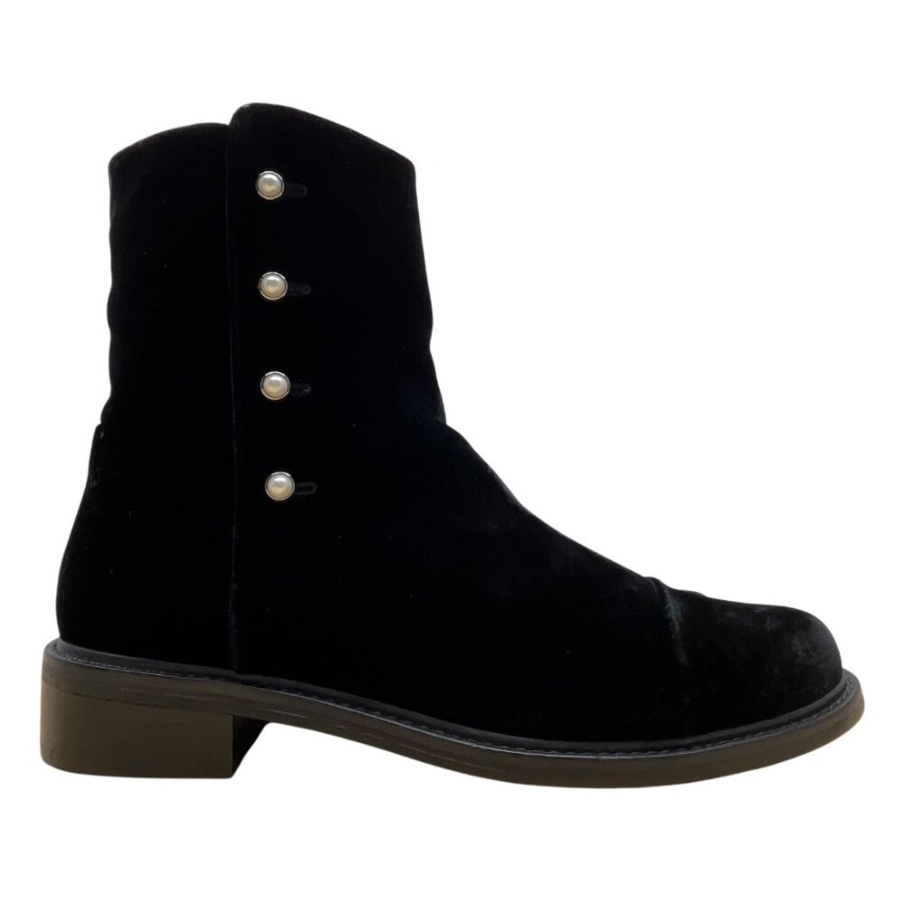 Stuart Weitzman Black Velvet Mid-Calf Boots Pearl Button Accents & Zipper Sz 11M